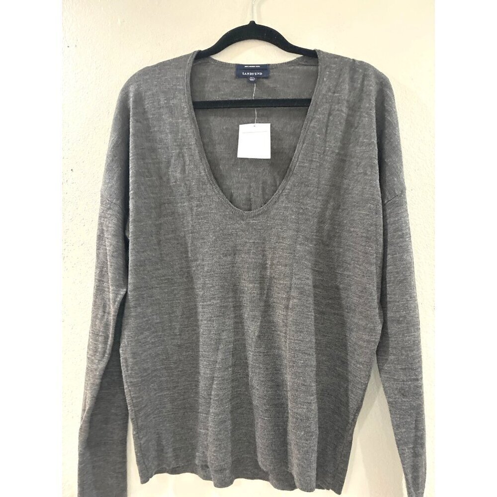 Lands' End gray v-neck sweater Womens Merino Wool size large Academia simple
